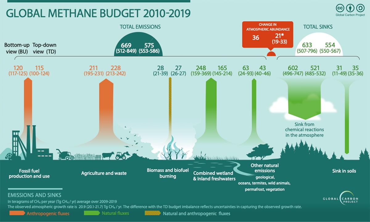 The global methane budget for 2010 to 2019. Anthropogenic sources account for 50-60% of total emissions, the major sources being fossil fuel production and use, and agriculture and waste. Total methane emissions exceed total methane sinks.