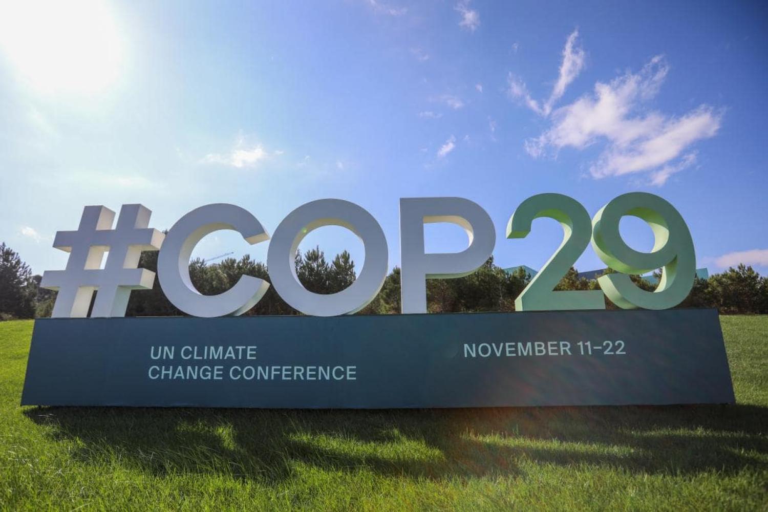 A sign for COP29, the United Nations Climate Change Conference, on display in Baku, Azerbaijan.