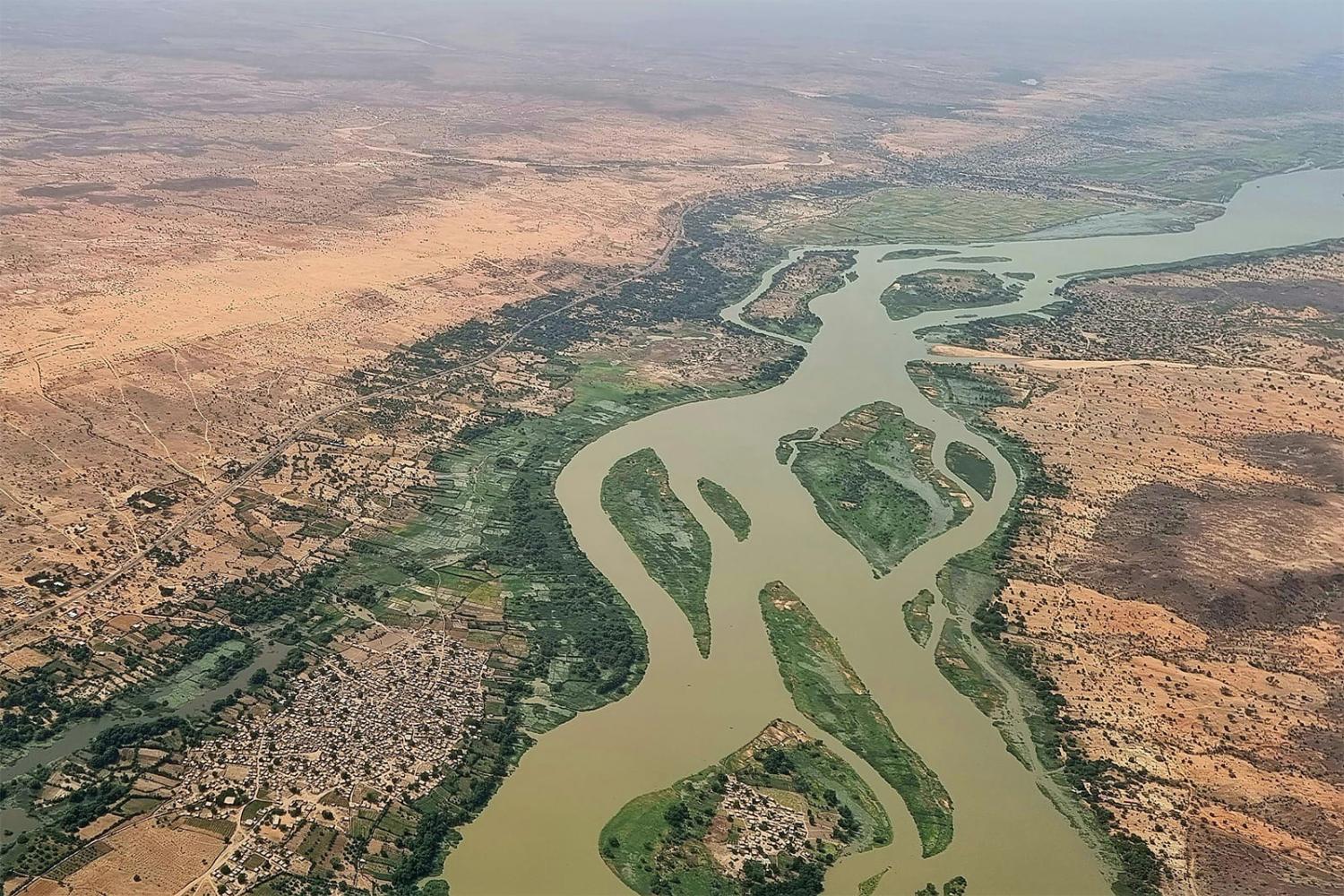 Aerial view of the Niger River flowing through an expansive landscape