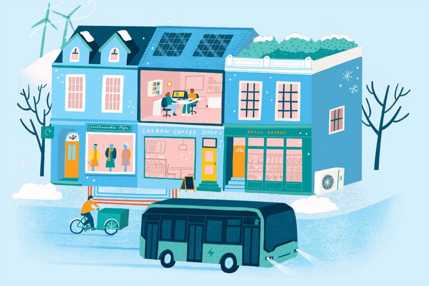 A row of buildings with business on the ground floor, with green energy including solar panels and wind turbines, and a bus and bicycle on the street in front.