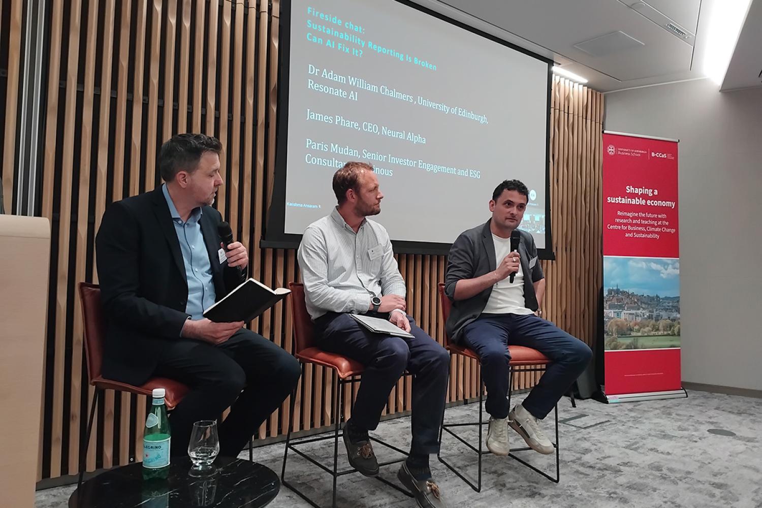 Three speakers on the stage at London Climate Action Week