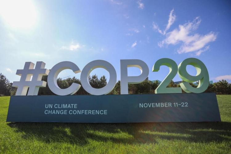 A sign for COP29, the United Nations Climate Change Conference, on display in Baku, Azerbaijan.