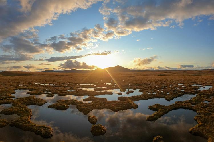 Sun setting over an expansive peat bog in a Scottish landscape