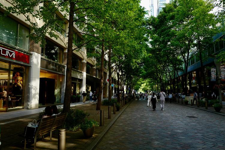 A shopping street in Tokyo with trees shading the pavement