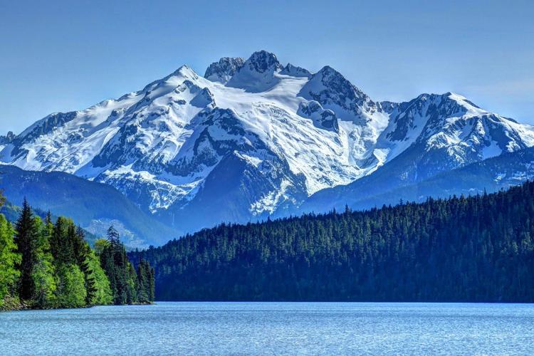 Landscape of fast flowing river, trees and Rocky Mountains in Canada